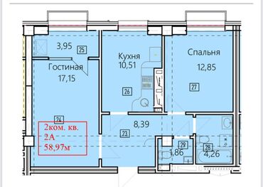 мамбетова 1 восток 5: 2 комнаты, 59 м², Элитка, 8 этаж, ПСО (под самоотделку)