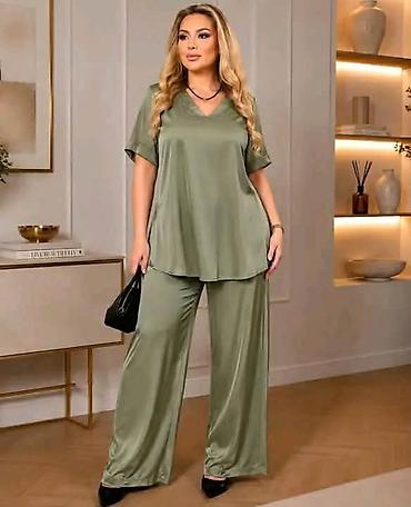 loreta turkey: Ženski komplet od satenskog materijala – bluza i pantalone širokog — 5