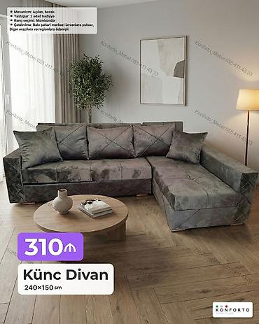 Künc divan – 240×150 sm - Mexanizm: açılan, bazalı (yataq funksiyalı
