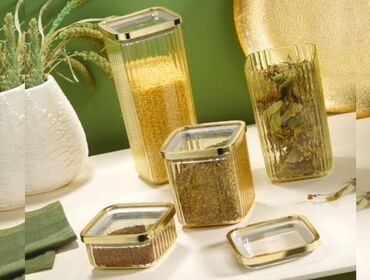 Аксессуары для кухни: Квадратный контейнер для хранения прозрачный набор из 4, золото