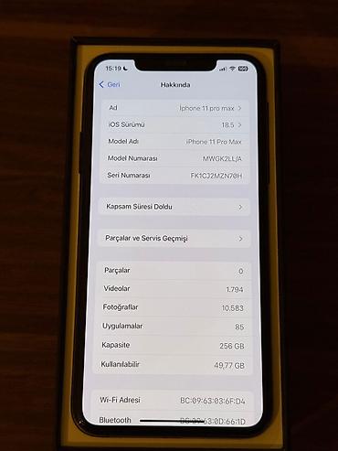 Apple iPhone: IPhone 11 Pro Max, 256 GB, Space Gray, Simsiz şarj, Barmaq izi, Face ID — 11