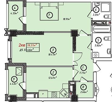 12: 2 комнаты, 78 м², Асанбай мкр Элитка, 12 этаж, ПСО (под самоотделку) — 3