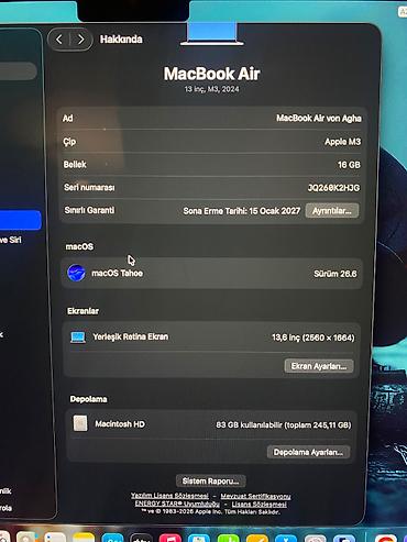 Apple MacBook: Apple MacBook Air 13 Ram: 16 GB Daxili yaddaş: 256 GB Rəng: Gümüşü — 7
