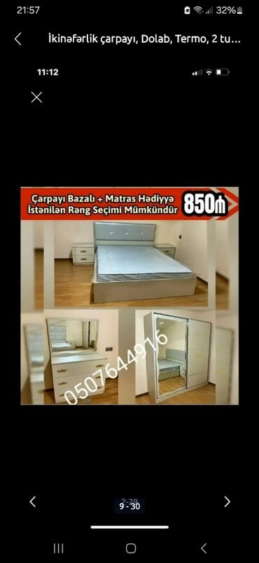 Yataq otağı dəstləri: İkinəfərlik çarpayı, Termo, 2 tumba, Dolab, Azərbaycan, Yeni — 6