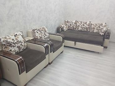 Qonaq otağı üçün 3-lü dəst: divan + 2 kreslo - Rəng: krem + qəhvəyi