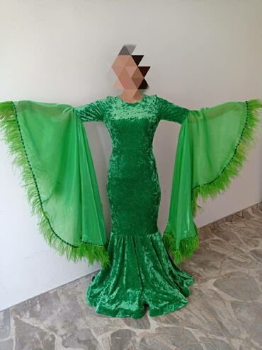 зеленое вечернее платье: Вечернее платье, Русалка, Длинная модель, Велюр, С рукавами, Перья, 3XL (EU 46)