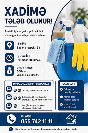 xadimə axtarıram: Xadimə tələb olunur – təmizlik işlərinin yerinə yetirilməsi üçün — 1