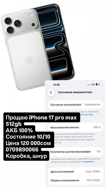 IPhone 17 Pro Max, Б/у, 512 ГБ, Серебристый, Кабель, Коробка, 100 %