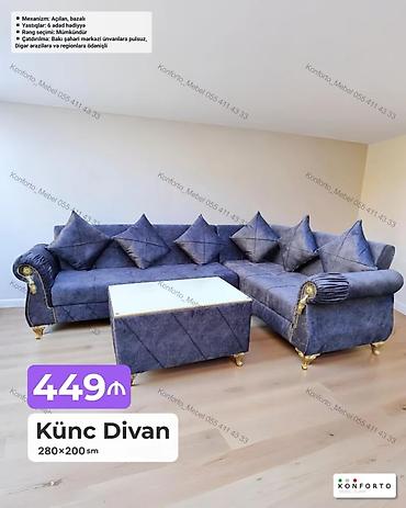 Künc Divan – 280×200 sm - Mexanizm: açılan, bazalı (yataq funksiyalı