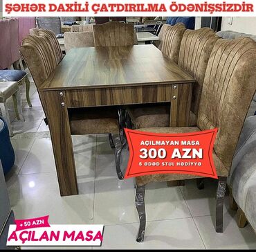 Masa və oturacaq dəstləri: Qonaq otağı üçün, Yeni, Açılmayan, Dördbucaq masa, 6 stul — 25