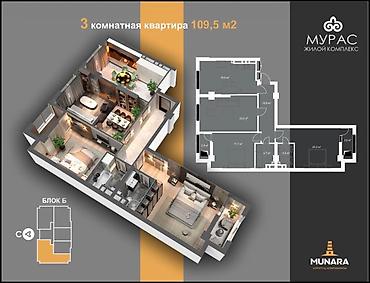 3комнаты: 3 комнаты, 109 м², Элитка, 5 этаж, ПСО (под самоотделку) — 5
