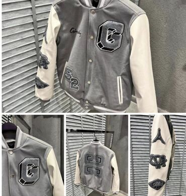 купить куртку пилот мужскую: Колледж-бомбер (varsity jacket) в серо-молочной гамме. - Материал