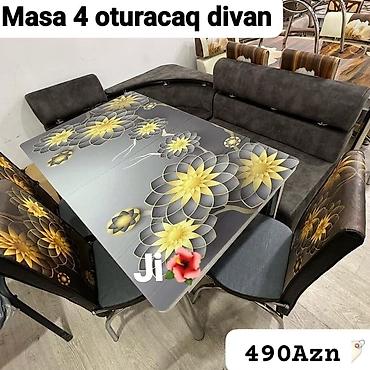 divan stolu: Masa və 4 oturacaqdan ibarət dəst. - Şüşə üstlü masa: boz tonlarda — 1