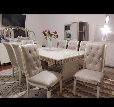 обеденный стол: Для гостиной, Б/у, Раскладной, Квадратный стол, 6 стульев