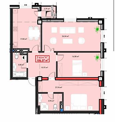 elegance stroy: 3 комнаты, 106 м², Асанбай мкр Элитка, 17 этаж, ПСО (под самоотделку) — 1