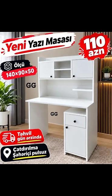stolla: Yeni yazı masası - Ölçü: 140 × 90 × 50 sm - Rəng: ağ - Üst hissədə — 1