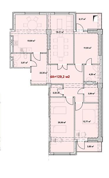 120: 4 комнаты, 129 м², Военторг Элитка, 16 этаж, ПСО (под самоотделку) — 2