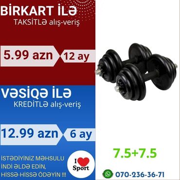 Qantellər: Rezin qantel dəsti 7.5+7.5 kq 🪪 şəxsi̇yyət vəsi̇qəsi̇ i̇lə kredi̇t (