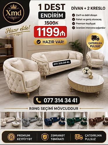 Xmd mebel dəsti – Divan + 2 kreslo - Zərif və dəbli dizayn - Rahat və