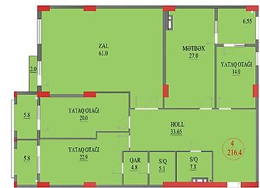 4 otaqli ev: 4 otaqlı, Yeni tikili, 216 kv. m — 2