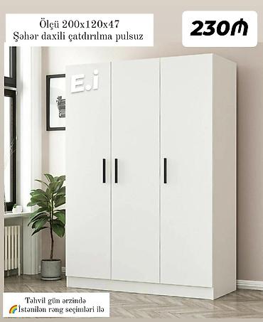 Ev üçün mebel: Ağ rəngdə 3 qapılı şkaf - Ölçü: 200 x 120 x 47 sm - Minimalist — 1