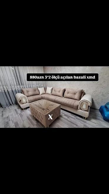 puflar: Künc divan dəsti – açılan, bazalı model - Ölçü: 3×2 m (mətndə — 1
