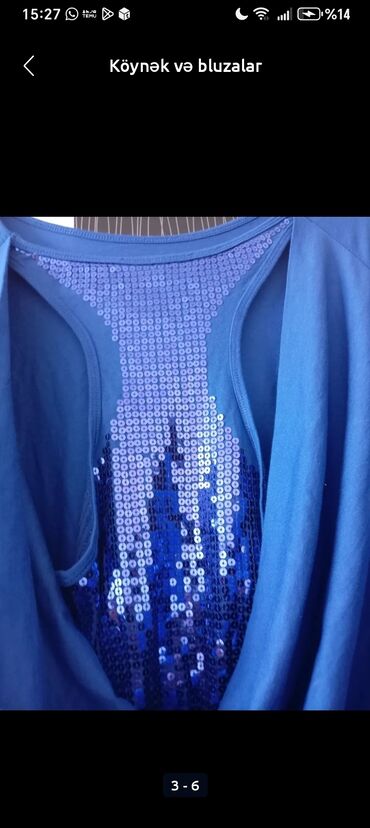 женские леггинсы из дайвинга: Qadın bluzası – elektrik-mavi rəngdə, qısaqol, yumru yaxalı. Ön