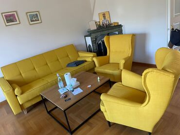 kružna pila: Three-seat sofas, Textile, color - Yellow, Used