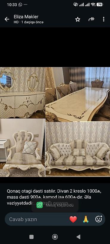 Qonaq otagi dəsti satılır. Divan 2 kreslo 1000₼, masa dəsti 900₼