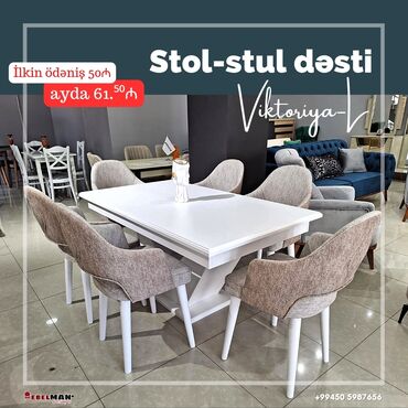 açılan masa modelleri: Qonaq otağı üçün, Yeni, Açılan, Dördbucaq masa, 6 stul, Azərbaycan