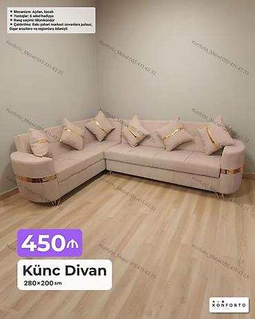 Ev üçün mebel: Künc Divan – 280×200 sm - Mekanizm: açılan, bazalı (yataq funksiyası — 1