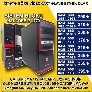 lga 1151: Sistem Bloku "H81 DDR3/Core i7 4770/8-16GB Ram/SSD" Ofis üçün Sistem