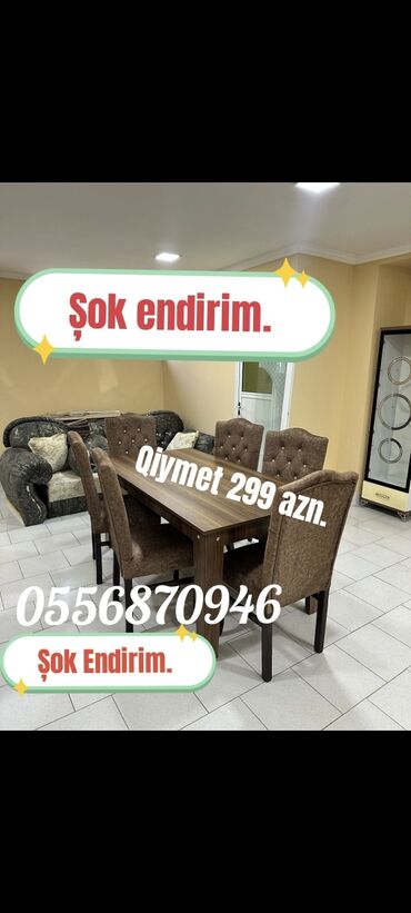 Masa və oturacaq dəstləri: Qonaq otağı üçün, Yeni, Açılmayan, Dördbucaq masa, 6 stul — 11