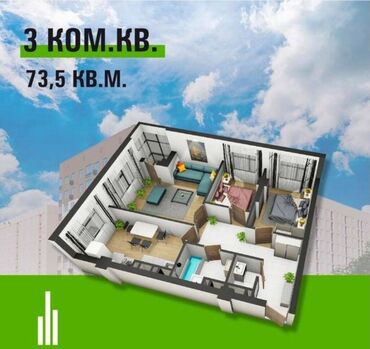 продается квартира кок жар: 3 комнаты, 74 м², Элитка, 5 этаж