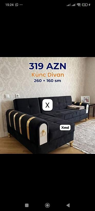 Divanlar: Künc divan – 260 × 160 sm - Qara rəngli, yumşaq parça üzlü - Qızılı — 1