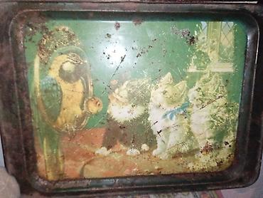 2ci el kombi: Retro metal boşqab/tray – pişik balaları və tutuquşu illüstrasiyalı - — 1
