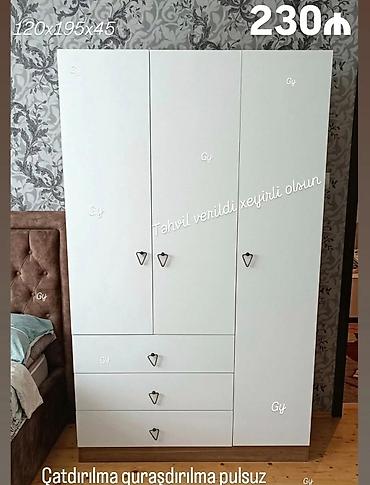 skaf: Ağ rəngli 3 qapılı paltar şkafı Ölçülər: 120×195×45 sm Qiymət — 1