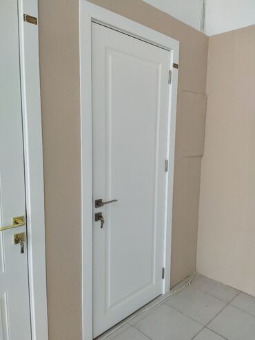 Digər tikinti materialları: Ağ rəngdə, müasir dizaynlı daxili qapı. Qapı panelləri klassik üslubda
