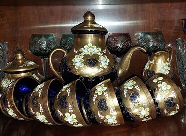 çaynı serviz: Çay dəsti, rəng - Göy, Şüşə, Bohemia, 6 nəfərlik, Çexiya