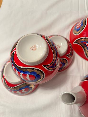 cay: Çay dəsti, rəng - Qırmızı, Farfor — 6