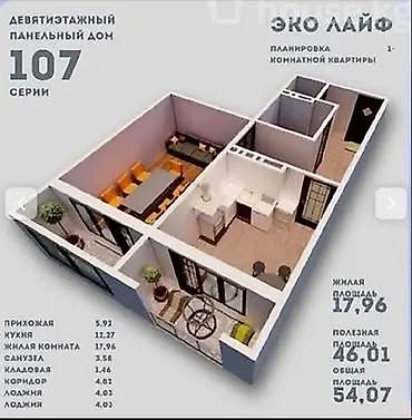эко строй: 1 комната, 54 м², 107 серия, 8 этаж, ПСО (под самоотделку) — 1