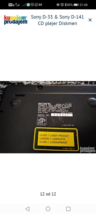 Mini disk plejeri: Sony Discman CD plejer – model D-141 (navedeno na poklopcu) - — 7