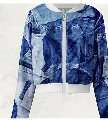 Denim printli qadın bomber gödəkçə - Dizayn: Mavi tonlarda