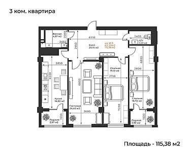 3 комнаты, 115 м², Золотой квадрат Элитка, 7 этаж, ПСО (под самоотделку)