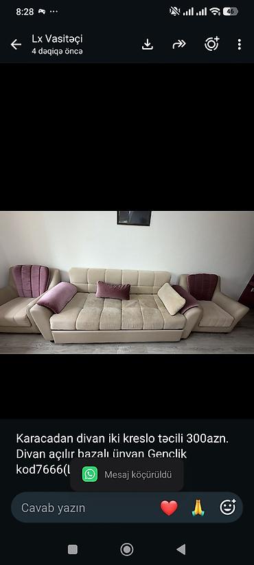 Karacadan divan iki kreslo təcili 300azn. Divan açılır bazalı ünvan