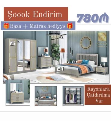 Dolablar: *Yataq dəsti 780Azn 🎁Baza + Matras hədiyyə🎁* ✔️Rəng seçimi var ✔️ Ölçü