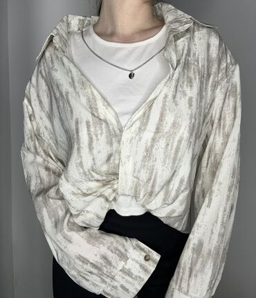 женская рубашка с высоким воротником: Көйнөк, Оверсайз, Сызыктуу, Made in KG