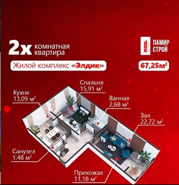 квартира город каракол: 2 комнаты, 67 м², 106 серия улучшенная, 8 этаж, ПСО (под самоотделку)