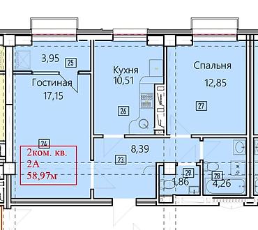 15: 2 комнаты, 59 м², Элитка, 15 этаж, ПСО (под самоотделку) — 1