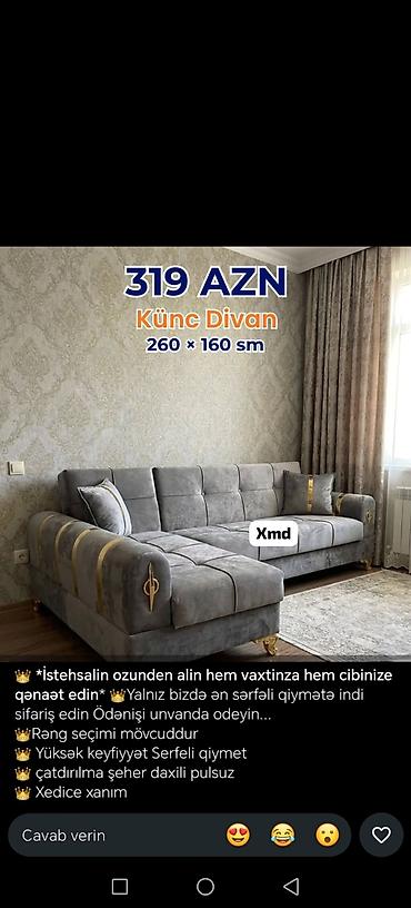 Künc Divan – 260 × 160 sm - Qiymətlər: 319 AZN, 339 AZN və 850 AZN lalafo.az -da Künc Divan – 260 × 160 sm - Qiymətlər: 319 AZN, 339 AZN və 850 AZN